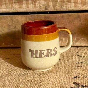 Vintage MCM Retro “Hers” glazed brown stoneware coffee mug